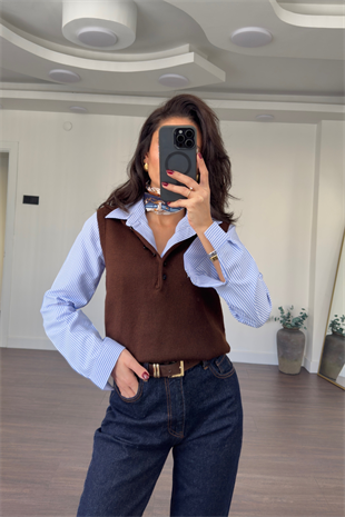 Düğmeli Polo Yaka Triko Süveter-Kahve