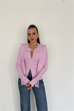 Düğmeli Şal Detaylı Triko Kazak-Pembe