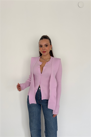 Düğmeli Şal Detaylı Triko Kazak-Pembe
