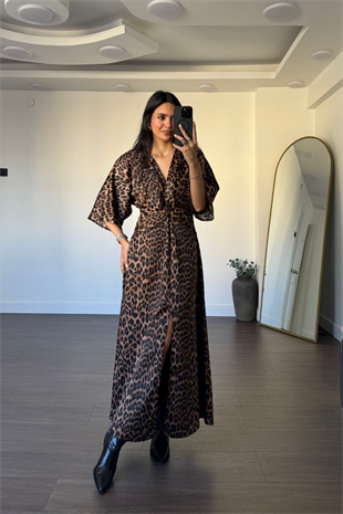 Düğüm Detaylı Yırtmaçlı Elbise-Leopar