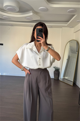 Düşük Kol Saten Gömlek-Ekru