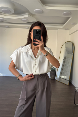 Düşük Kol Saten Gömlek-Ekru