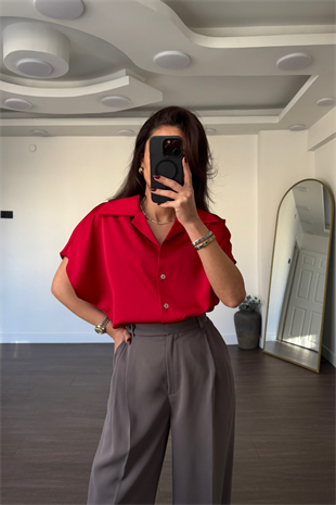Düşük Kol Saten Gömlek-Kırmızı