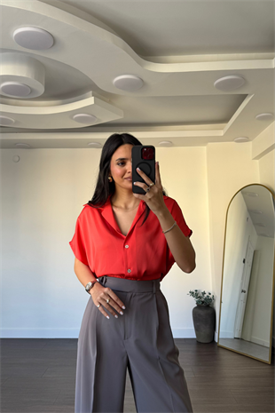 Düşük Kol Saten Gömlek-Mercan