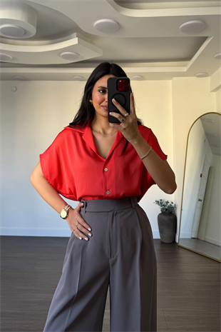 Düşük Kol Saten Gömlek-Mercan