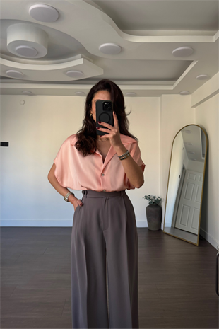 Düşük Kol Saten Gömlek-Somon