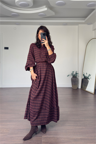 Ekose Desen Kuşaklı Elbise-Bordo