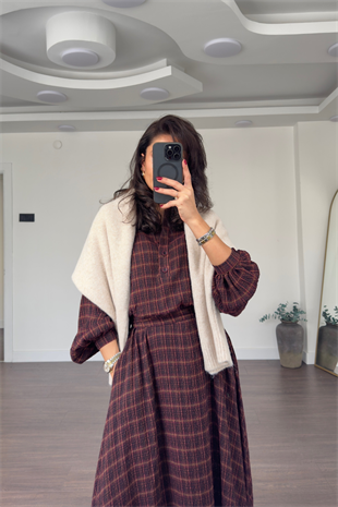 Ekose Desen Kuşaklı Elbise-Bordo