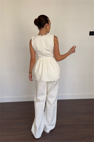Ekru Dikiş Detaylı Denim Takım