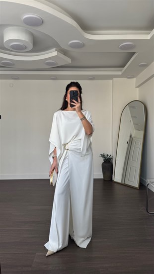 Etek Pantolon Bluz Takım-Ekru