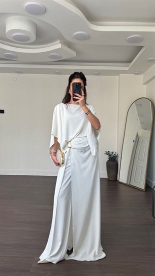 Etek Pantolon Bluz Takım-Ekru
