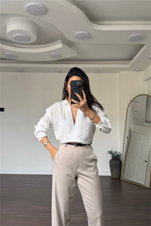 File Detaylı Gömlek-Ekru