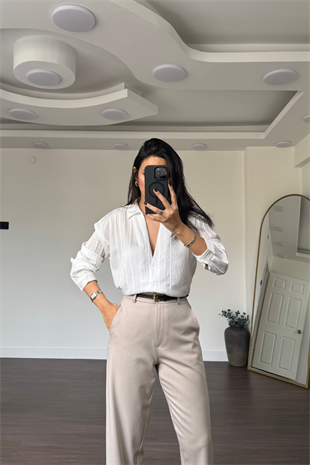 File Detaylı Gömlek-Ekru