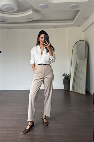 File Detaylı Gömlek-Ekru