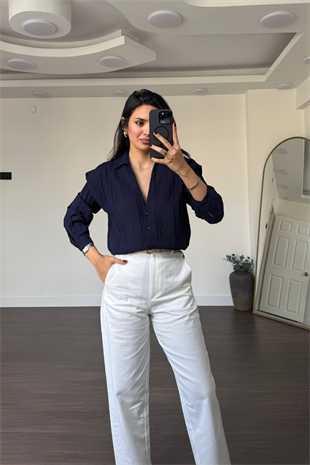 File Detaylı Gömlek-Lacivert