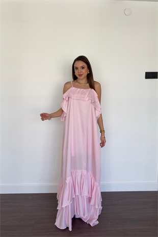 Fırfır Detaylı Askılı Elbise-Pembe