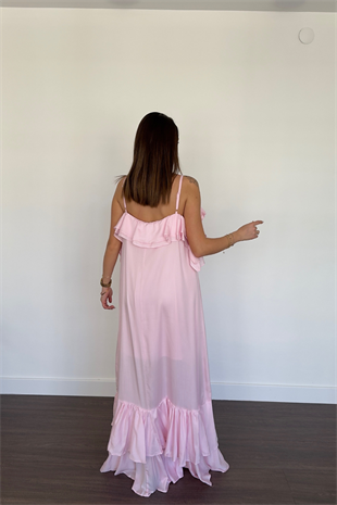 Fırfır Detaylı Askılı Elbise-Pembe