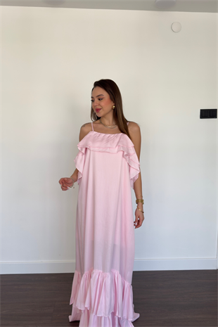 Fırfır Detaylı Askılı Elbise-Pembe