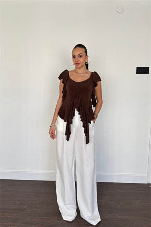 Fırfır Detaylı Sıfır Kol Bluz-Kahve