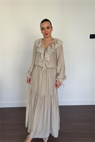Fırfır Detaylı  Taş Maxi Elbise