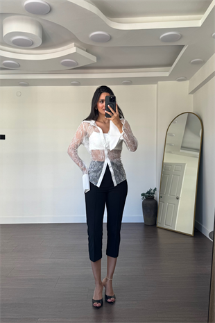 Fit Kalıp Dantelli Gömlek-Beyaz