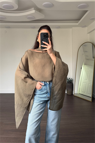 Fularlı Asimetrik Tensel Bluz-Haki