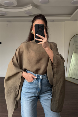 Fularlı Asimetrik Tensel Bluz-Haki