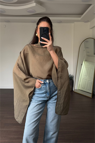 Fularlı Asimetrik Tensel Bluz-Haki