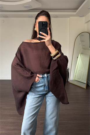Fularlı Asimetrik Tensel Bluz-Kahve