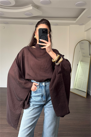 Fularlı Asimetrik Tensel Bluz-Kahve