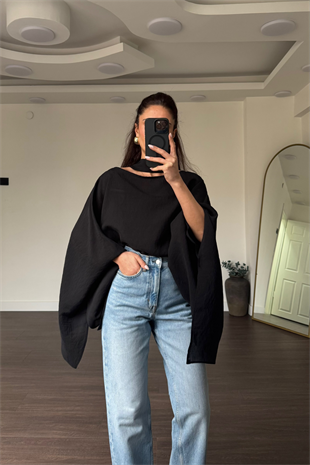 Fularlı Asimetrik Tensel Bluz-Siyah