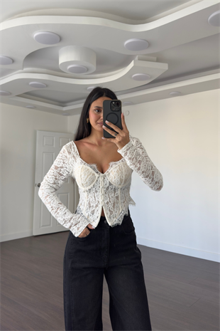 Göğüs Kuplu Dantel Detaylı Korse Bluz-Ekru