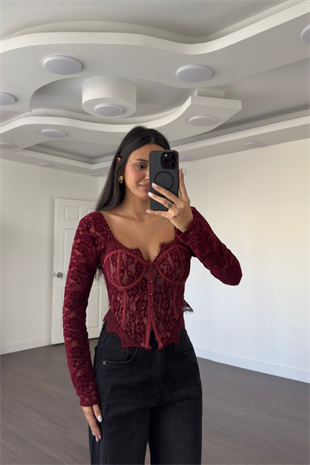 Göğüs Kuplu Dantel Detaylı Korse Bluz-Bordo