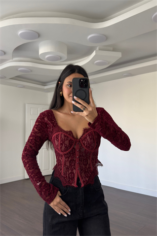 Göğüs Kuplu Dantel Detaylı Korse Bluz-Bordo