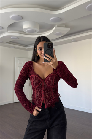 Göğüs Kuplu Dantel Detaylı Korse Bluz-Bordo