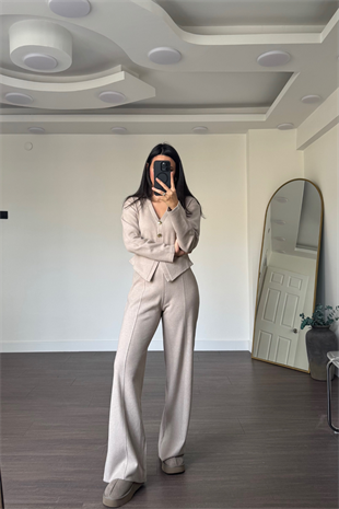 Gold Düğme Detaylı Pantolon Takım-Bej