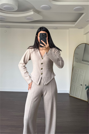 Gold Düğme Detaylı Pantolon Takım-Bej