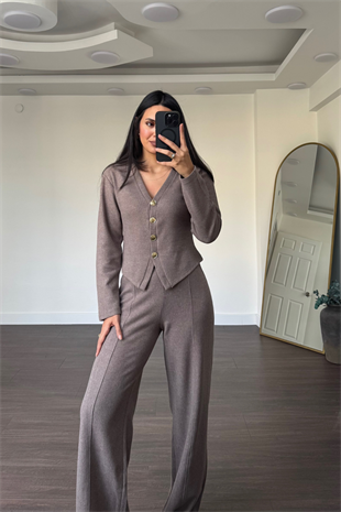 Gold Düğme Detaylı Pantolon Takım-Vizon