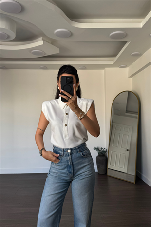 Gold Düğmeli Vatkalı Bodysuit-Ekru
