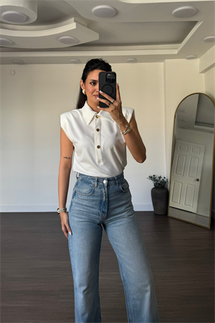 Gold Düğmeli Vatkalı Bodysuit-Ekru