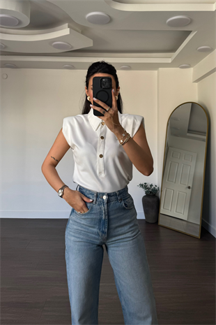 Gold Düğmeli Vatkalı Bodysuit-Ekru