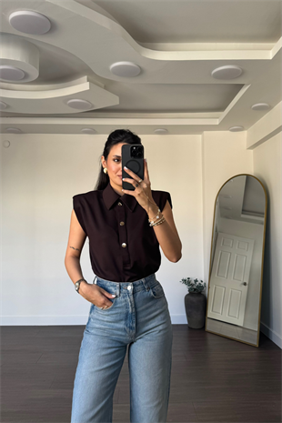 Gold Düğmeli Vatkalı Bodysuit-Kahve