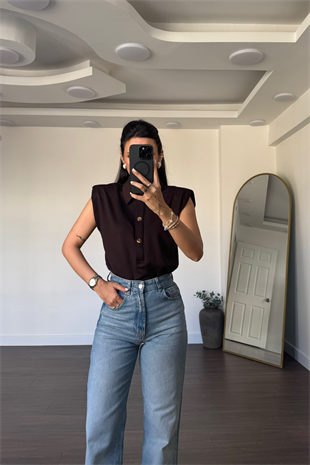 Gold Düğmeli Vatkalı Bodysuit-Kahve