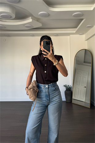 Gold Düğmeli Vatkalı Bodysuit-Kahve