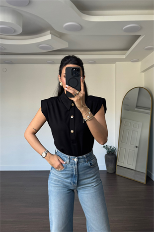 Gold Düğmeli Vatkalı Bodysuit-Siyah