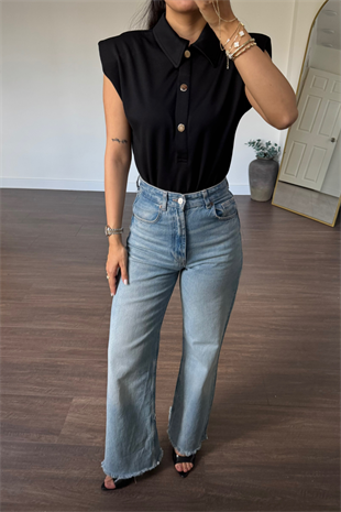 Gold Düğmeli Vatkalı Bodysuit-Siyah