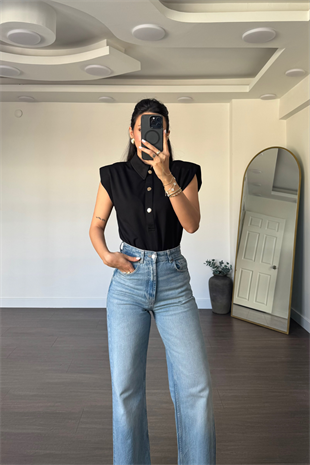 Gold Düğmeli Vatkalı Bodysuit-Siyah
