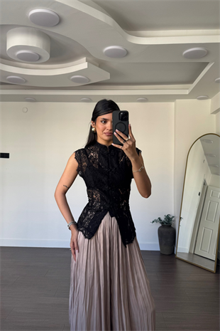 Hakim Yaka Dantel Bluz-Siyah