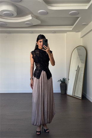 Hakim Yaka Dantel Bluz-Siyah