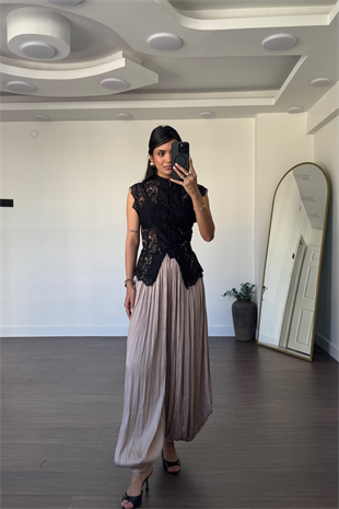 Hakim Yaka Dantel Bluz-Siyah